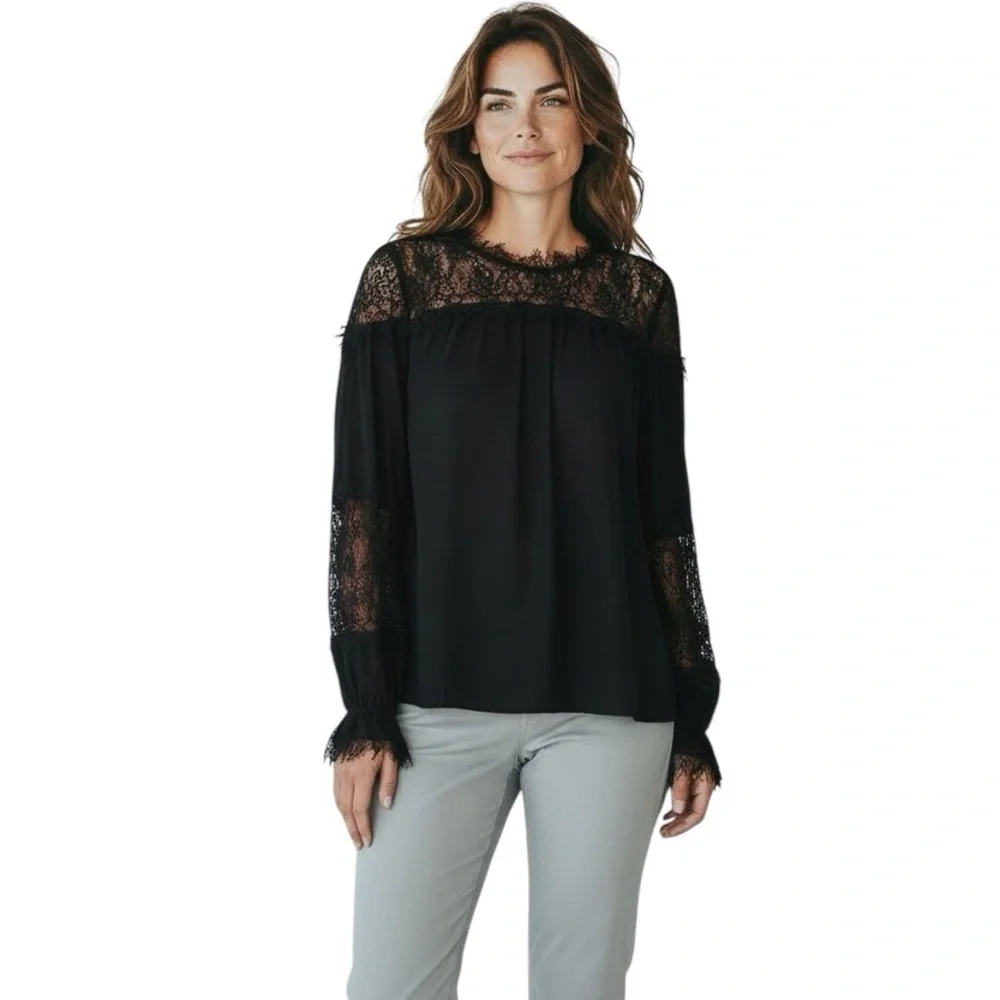 NWT WHITE HOUSE BLACK MARKET Black Long Sleeve Lace Detail Blouse Size Medium - Picture 2 of 5